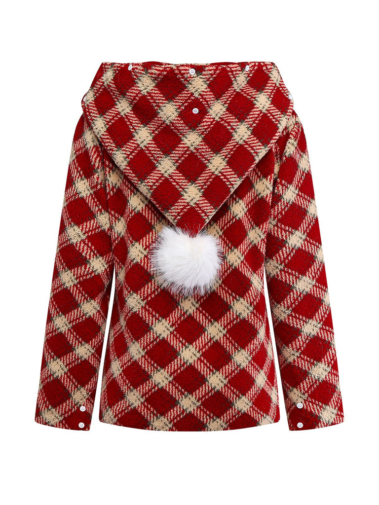 [Vorverkauf] Rot 1940er Abnehmbar Fur Kragen Plaid Fleece Mantel