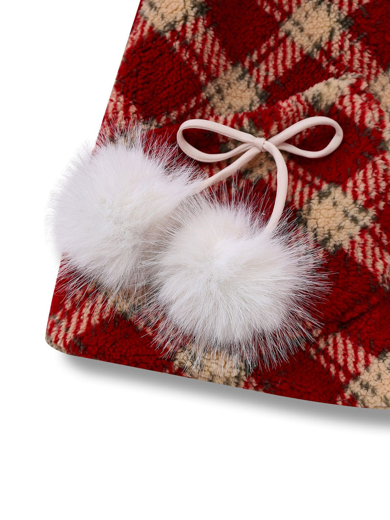 [Vorverkauf] Rot 1940er Abnehmbar Fur Kragen Plaid Fleece Mantel