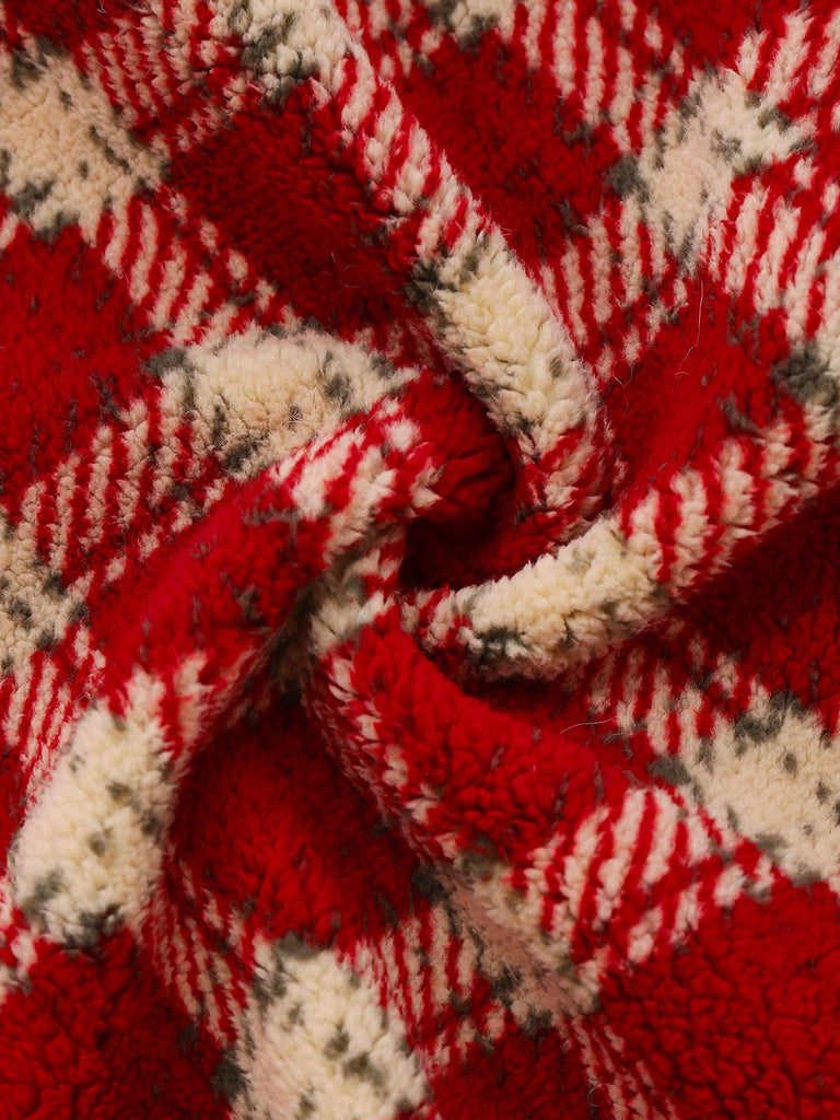[Vorverkauf] Rot 1940er Abnehmbar Fur Kragen Plaid Fleece Mantel
