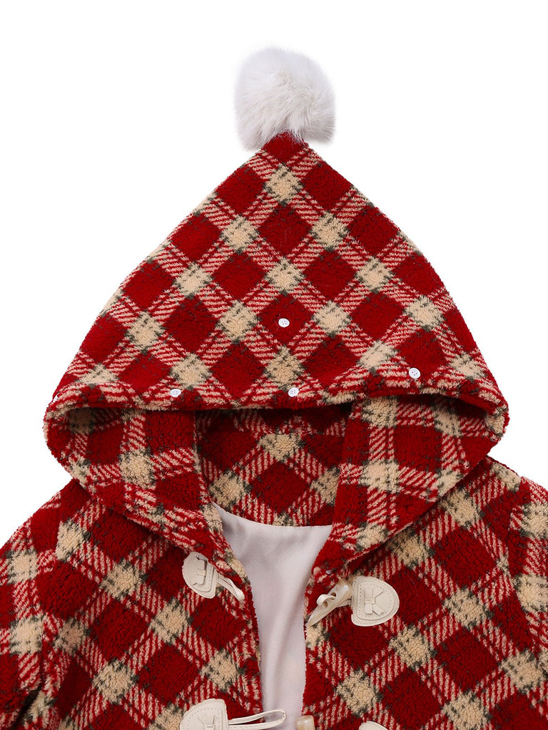 [Vorverkauf] Rot 1940er Abnehmbar Fur Kragen Plaid Fleece Mantel