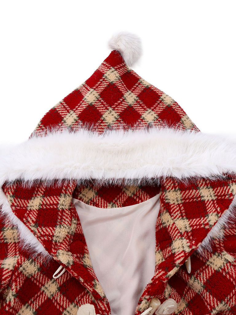 [Vorverkauf] Rot 1940er Abnehmbar Fur Kragen Plaid Fleece Mantel