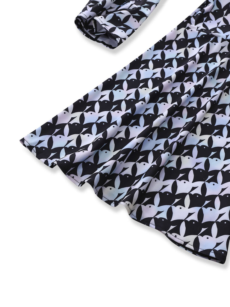 Schwarz & Weiß 1980er Hahnentritt Glockenärmel Jumpsuit