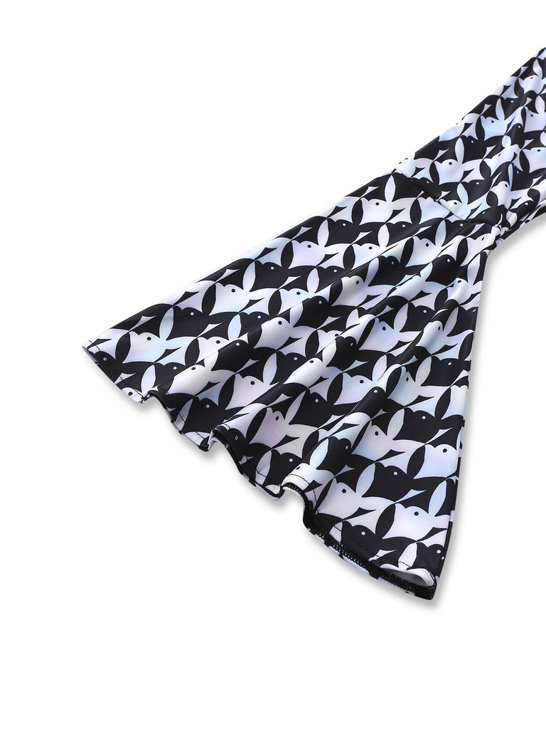 Schwarz & Weiß 1980er Hahnentritt Glockenärmel Jumpsuit