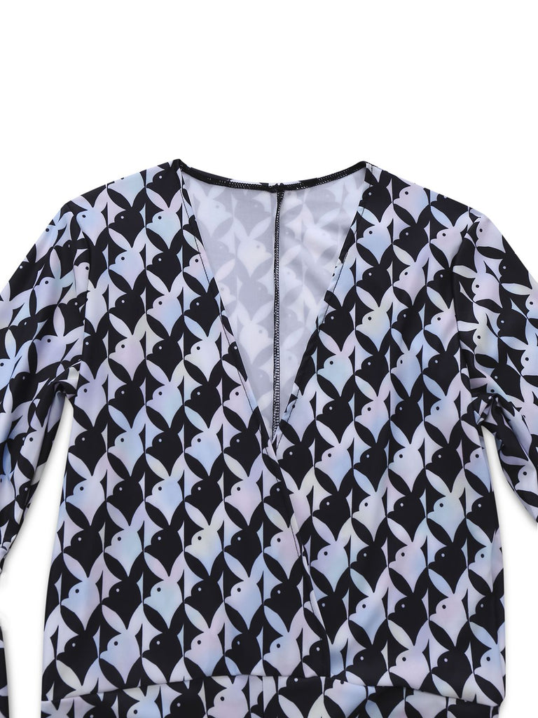 Schwarz & Weiß 1980er Hahnentritt Glockenärmel Jumpsuit