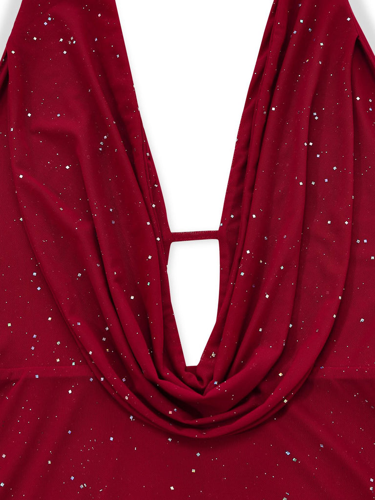 1980er Rückenfreies Glitzer Wasserfallkragen Halter Schlitz Maxi Kleid