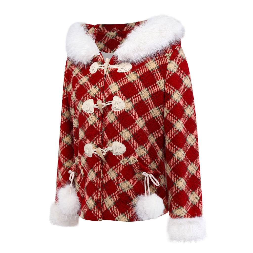 [Vorverkauf] Rot 1940er Abnehmbar Fur Kragen Plaid Fleece Mantel