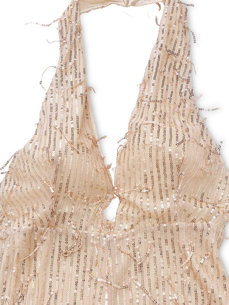 1970er Halter Tief V-Ausschnitt Paillette Franse Jumpsuit