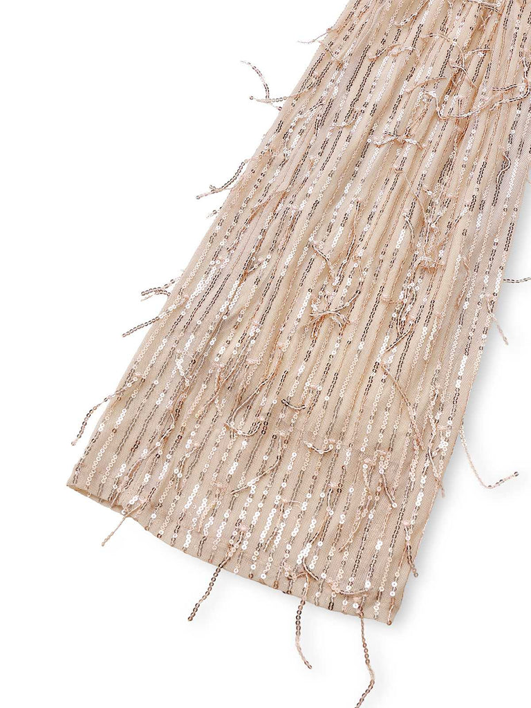 1970er Halter Tief V-Ausschnitt Paillette Franse Jumpsuit