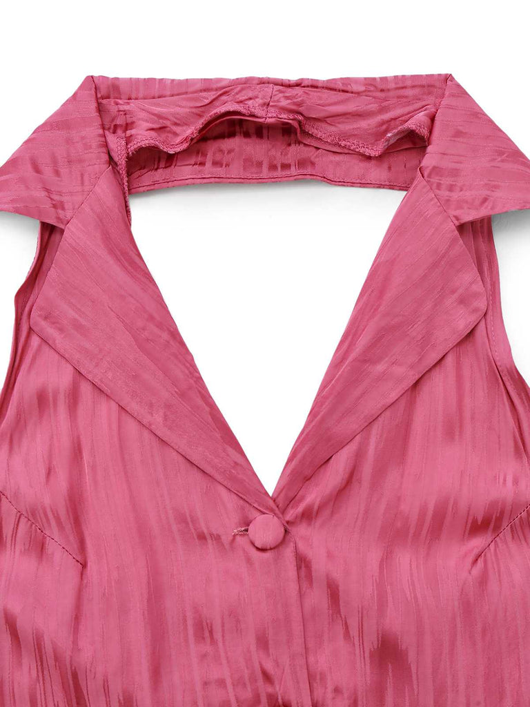 Rosa 1970er Halter Revers Satin Jumpsuit
