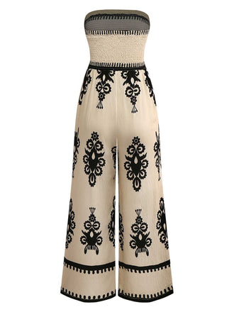 Aprikose 1970er Boho Trägerlos Gesmokt Jumpsuit