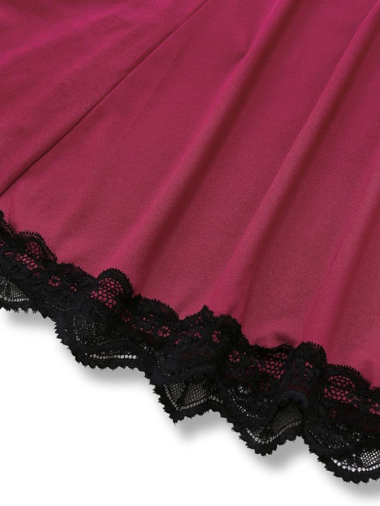 Rot 1960er Bogen Spitze Patchwork Rüschen Nachthemd