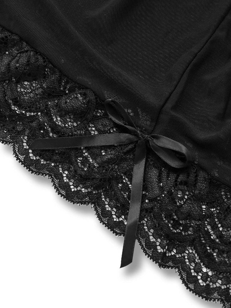 Schwarz 1960er Spitze Sheer Babydoll Dessous Set