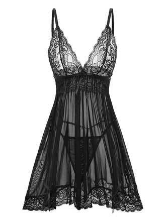 Schwarz 1960er Spitze Sheer Babydoll Dessous Set