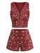 2PCS Dunkelrot 1970er Stickerei Boho Weste & Shorts