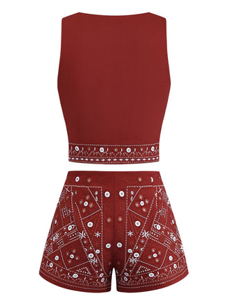 2PCS Dunkelrot 1970er Stickerei Boho Weste & Shorts