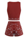 2PCS Dunkelrot 1970er Stickerei Boho Weste & Shorts