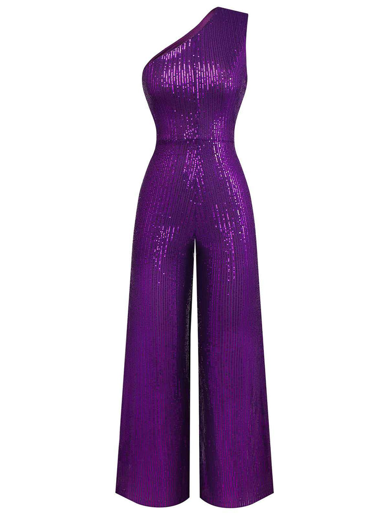 Lila 1970er Paillette Eine Schulter Jumpsuit
