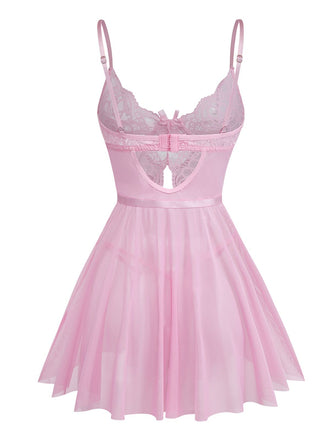 Rosa 1950er Spitze Spaghetti Träger Bogen Nachthemd