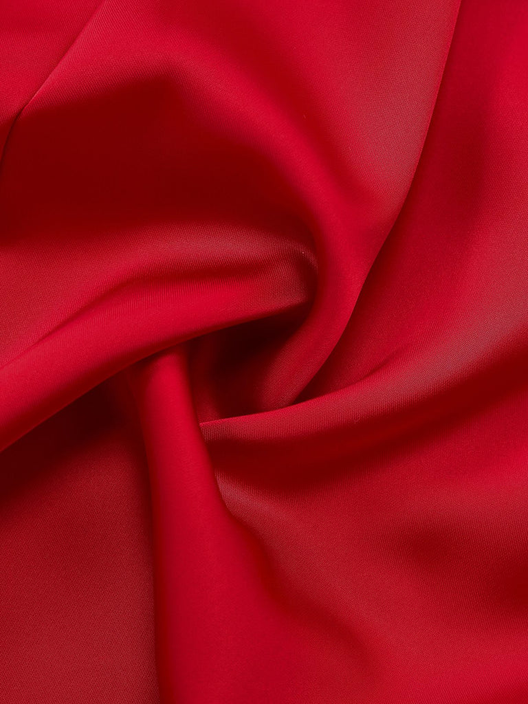 Rot 1980er Bogen Schulterfrei Satin Seitenschlitz Midi Kleid