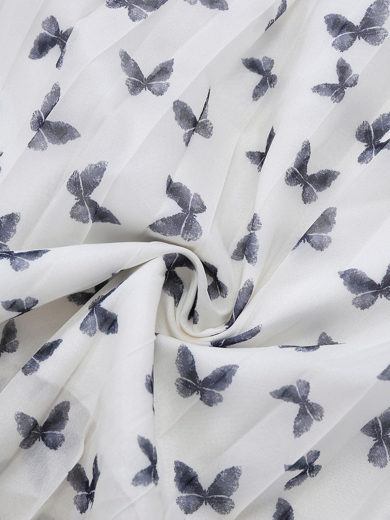 Weiß 1980er Schmetterling Perle Plissiertes Samt Korsett Midi Kleid