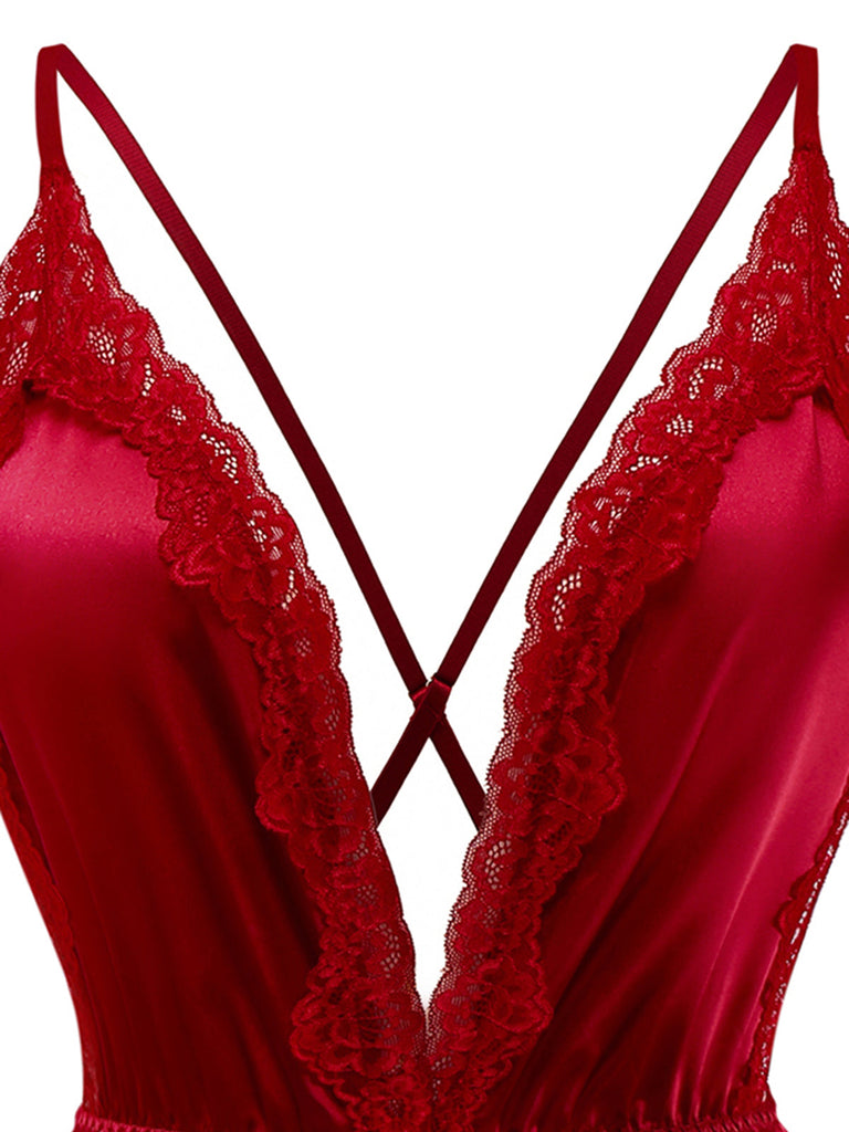 1950er Spitze Satin Tief V Rückenfrei Schlafen Romper