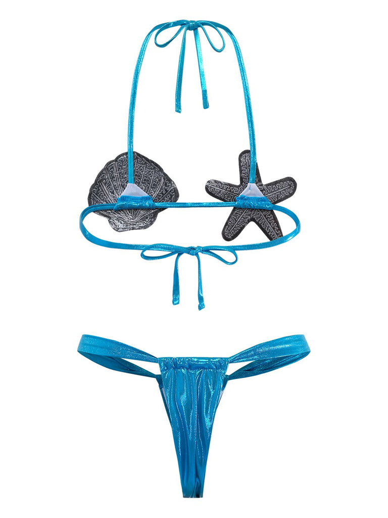 Blau 1970er Muschel & Seestern Bikini Set