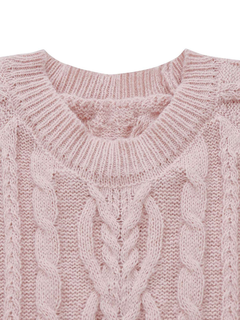 Blau 1940er Solide Zopf Stricken Plissiertes Saum Pullover Kleid