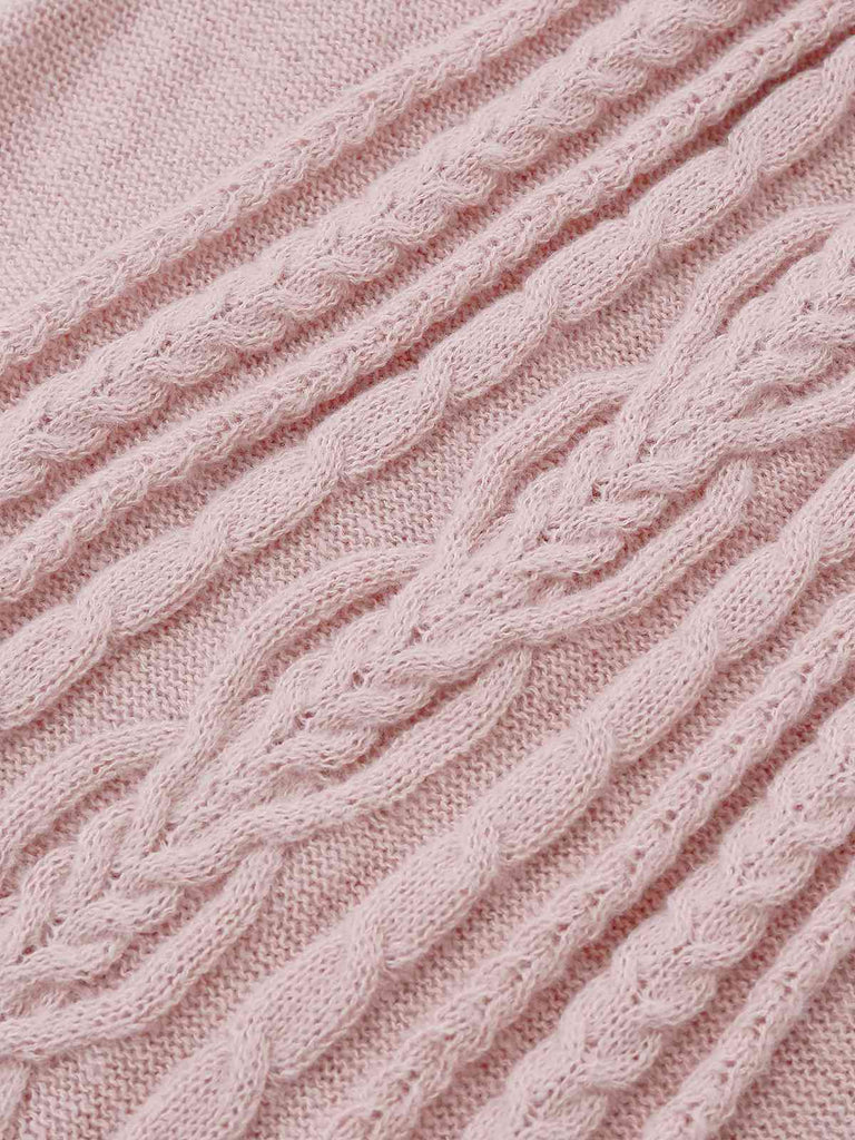 Blau 1940er Solide Zopf Stricken Plissiertes Saum Pullover Kleid