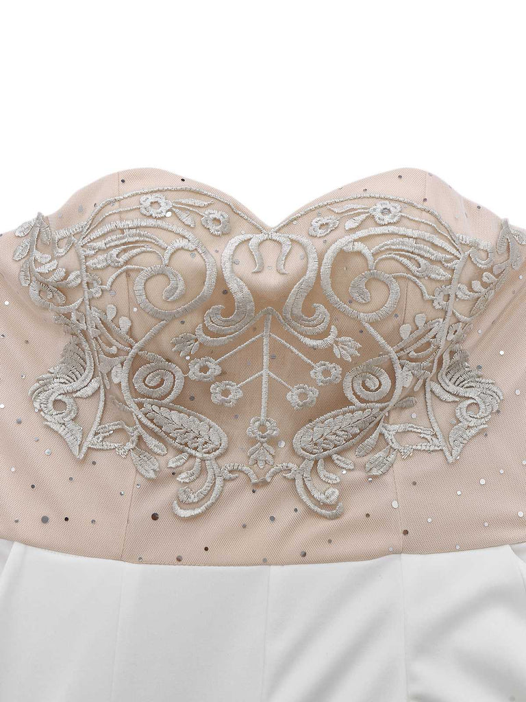 Weiß 1960er Trägerlos Besticktes Korsett Jumpsuit