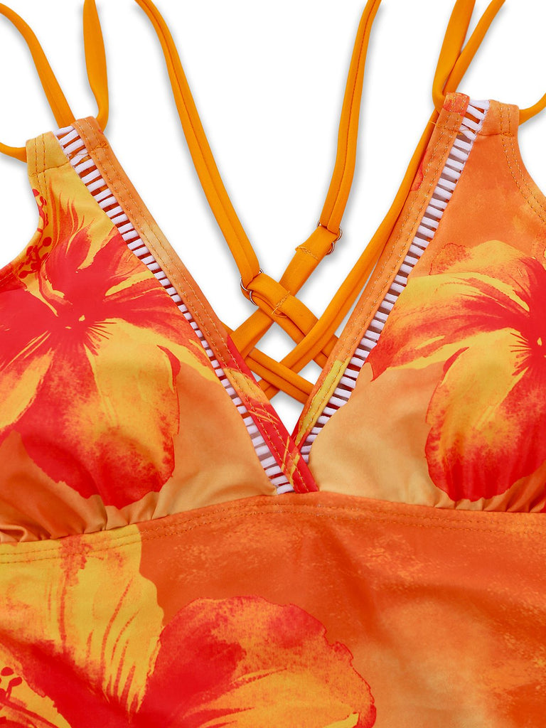 1950er V-Ausschnitt Blumen Patchwork Tankini Set