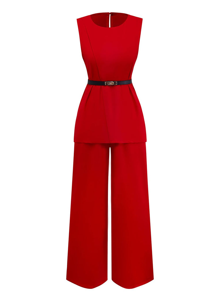 2PCS 1960er Ärmellos Weste & Gürtel Taille Hose