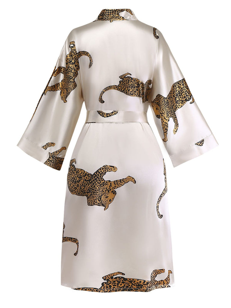 1950er Leopard Druck Satin Morgenmantel mit Gürtel