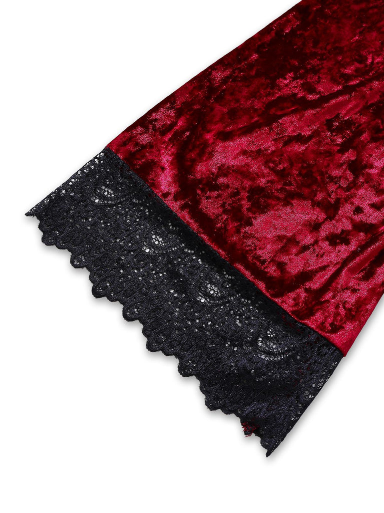 1930er Samt Spitze Lang Ärmel Patchwork Pyjama Robe