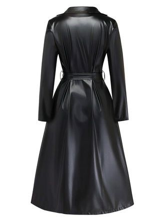 Schwarzer 60er Kunstleder-Trenchcoat mit Gürtel