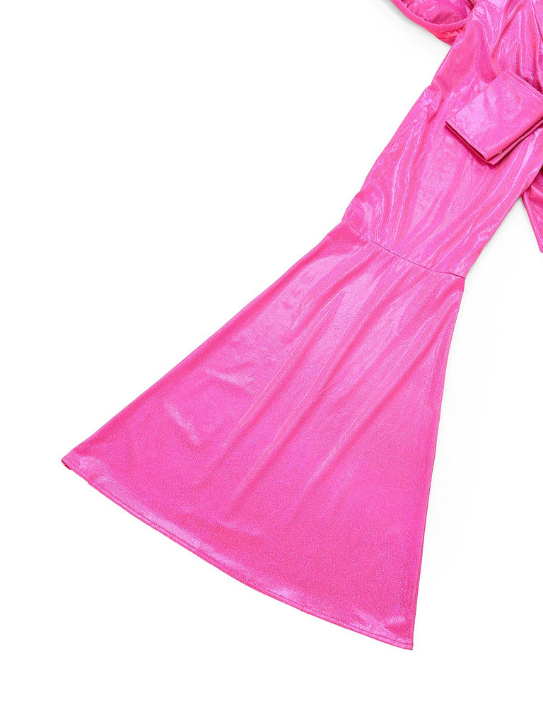 Rosa 1970er Metallisch Tief V-Ausschnitt Disko Jumpsuit