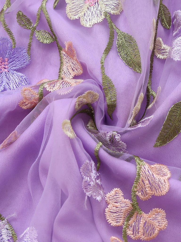 Lila 1950er Blumen Stickerei Netz A-Linie Kleid