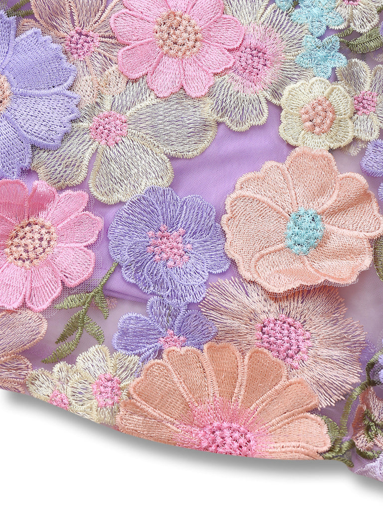 Lila 1950er Blumen Stickerei Netz A-Linie Kleid