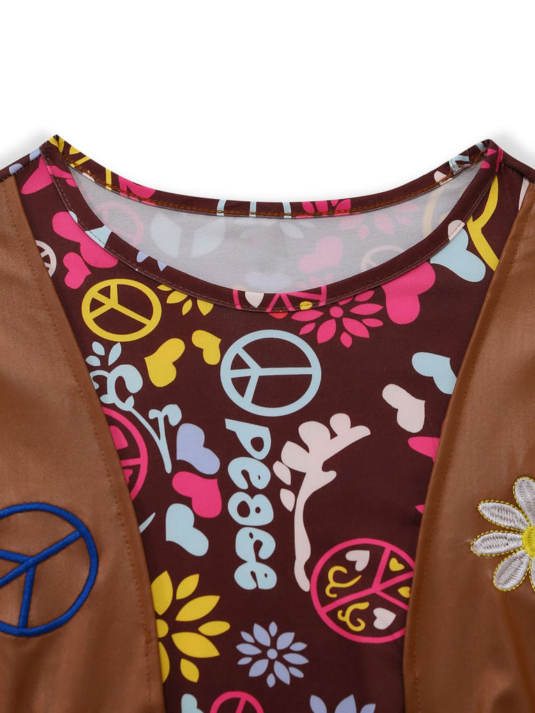 3PCS Braun 1970er Fransen Hippie Kostüm Set