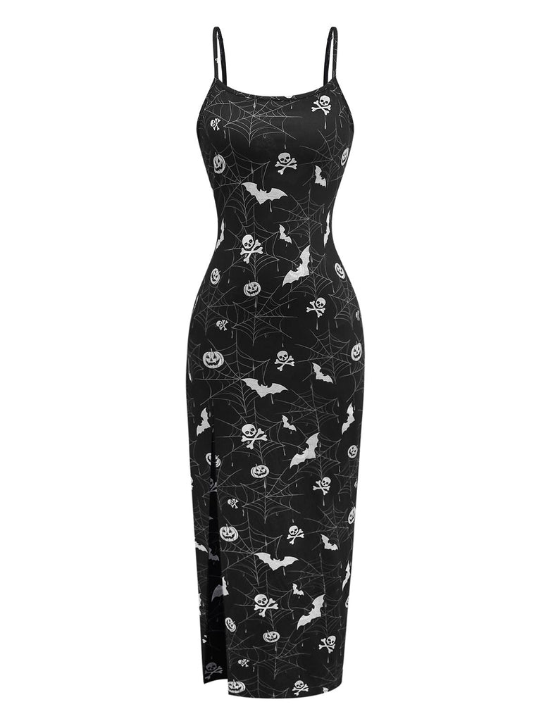 Schwarz 1960er Halloween Schlitz Midi Kleid