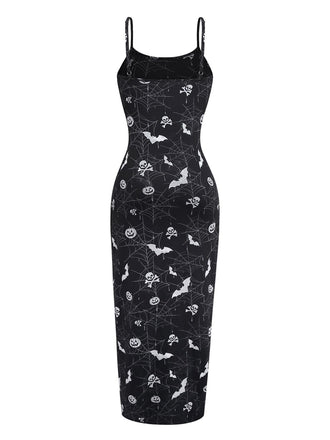 Schwarz 1960er Halloween Schlitz Midi Kleid