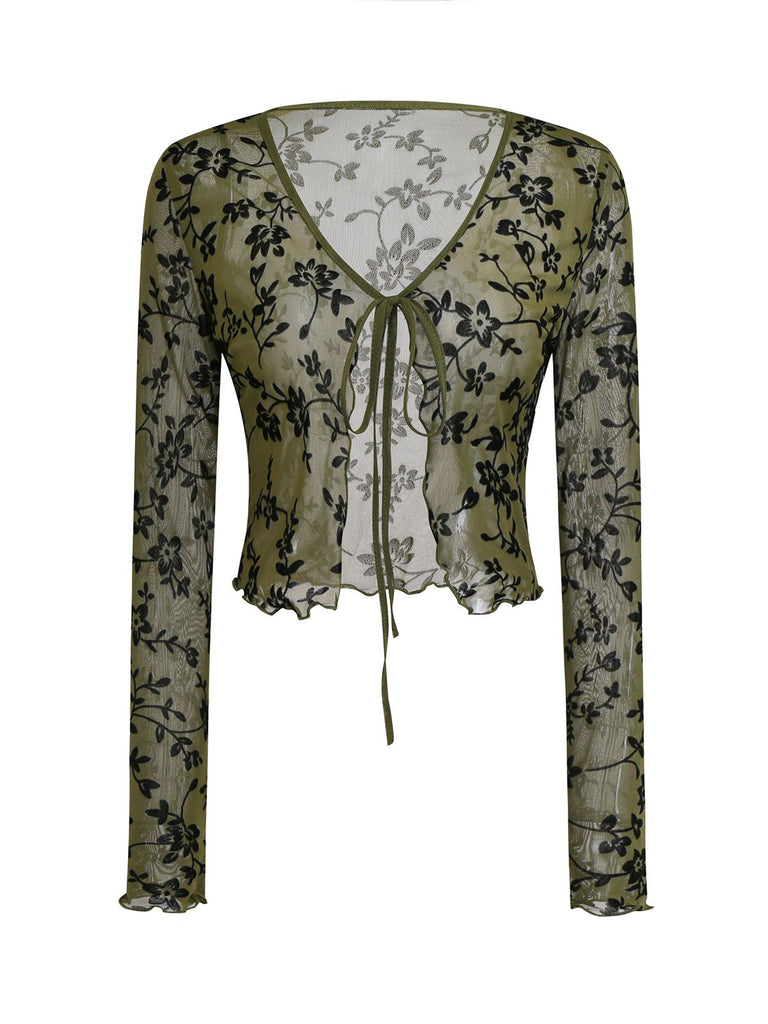 1980er Sheer Botanischer Druck Schnürung Cardigan