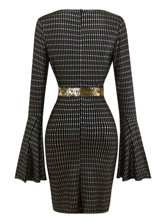 Schwarz 1970er Glockenärmel Sheer Gürtel Disco Kleid