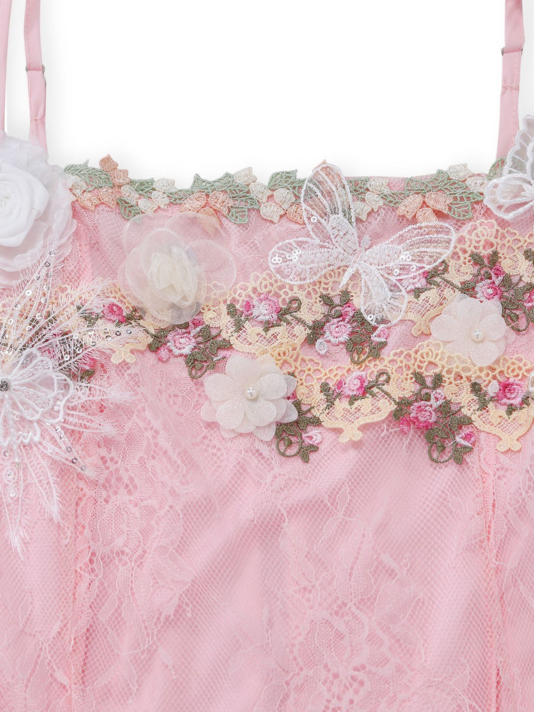 Rosa 1940er Blumen Spitze Spaghetti-Strap Maxi Kleid