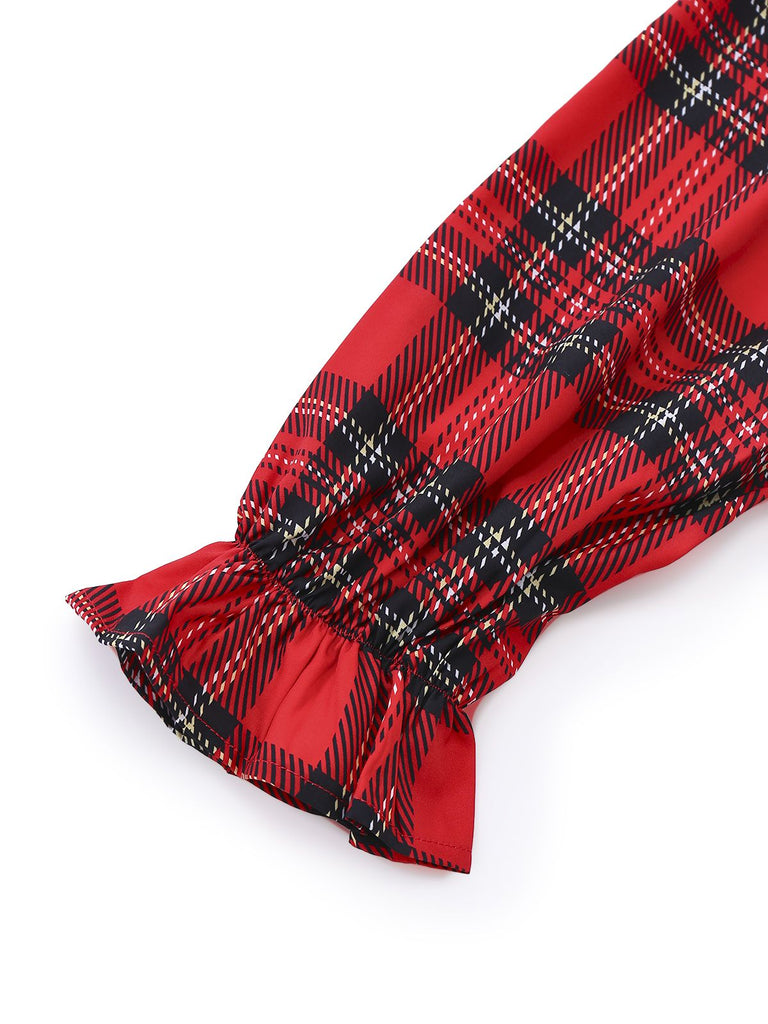 Rot 1950er Plaid Bogen Tief-V Langarm Kleid