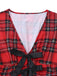 Rot 1950er Plaid Bogen Tief-V Langarm Kleid