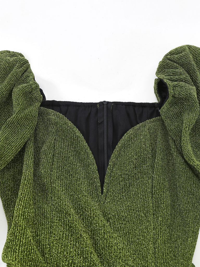 Grün 1960er Gerüschtes Puffärmel Midi Kleid