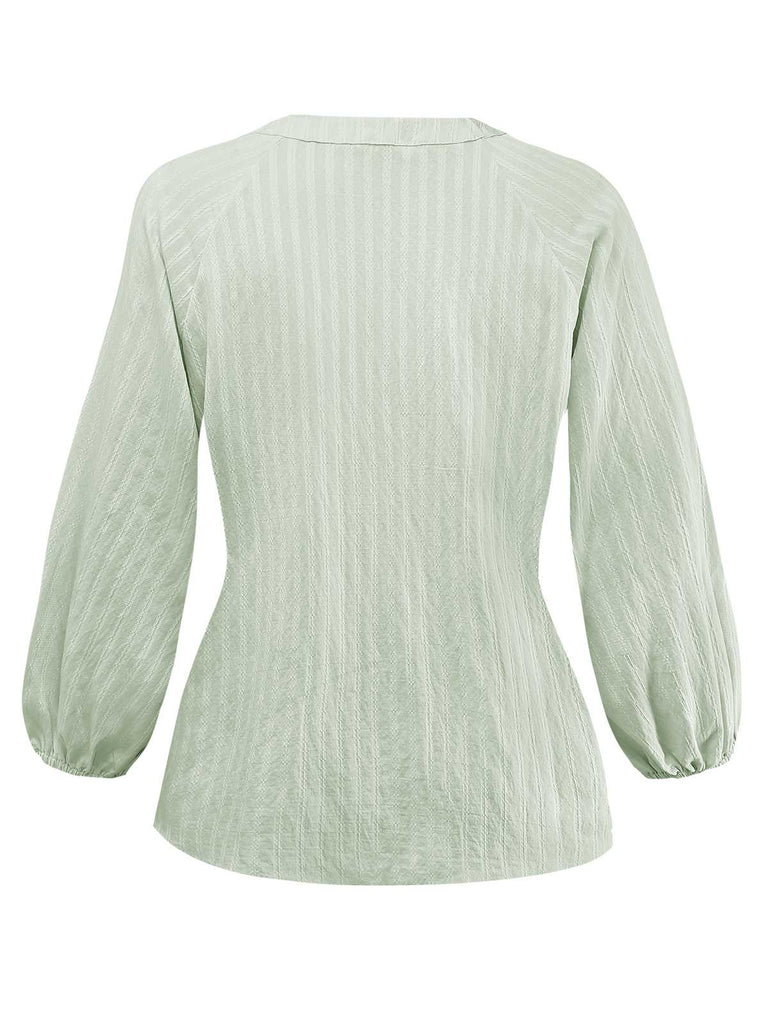 Grün 1980er Bindekragen Puffärmel Bluse
