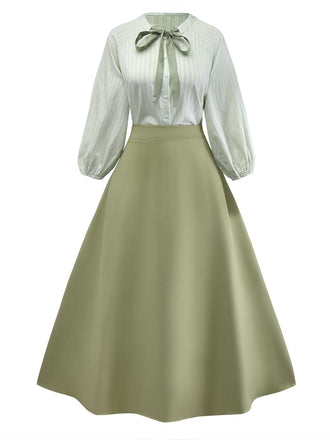 2PCS Grün 1980er Bindehals Bluse & Solide Rock