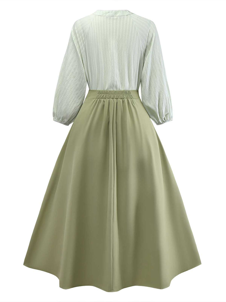 2PCS Grün 1980er Bindehals Bluse & Solide Rock