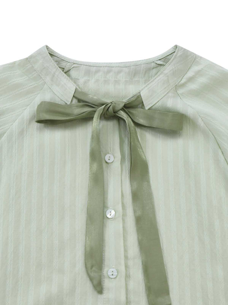 2PCS Grün 1980er Bindehals Bluse & Solide Rock